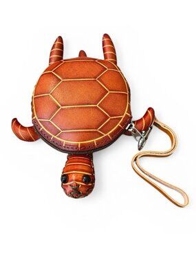 Leather Turtle Wristlet Wallet Coin Purse Zip Pouch Handmade Small New
